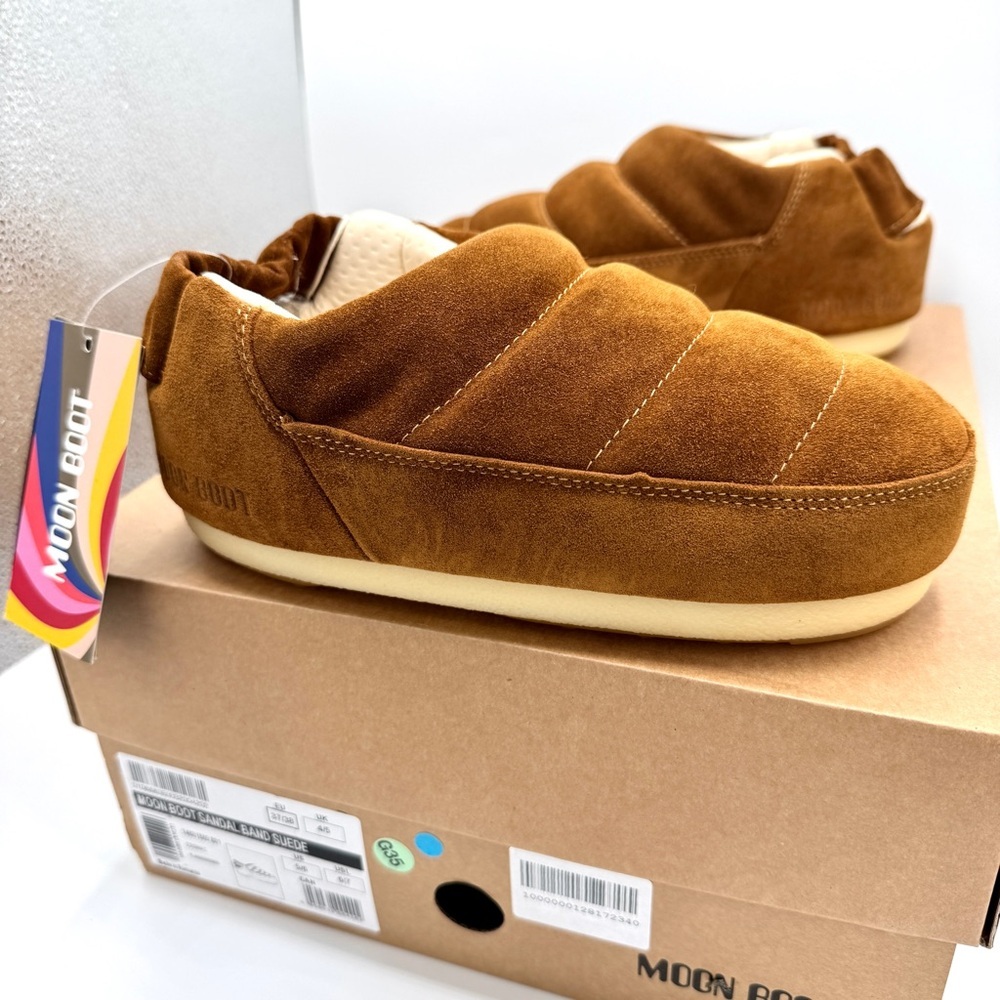 NWT Moonboot Suede Leather Slide Slippers Brown Cognac Unisex Shoes Brand New - Picture 15 of 16